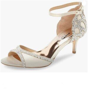 XYD Ivory Peep Toe D'Orsay Kitten Heel Rhinestone Studs Ankle Strap Sandal Shoes